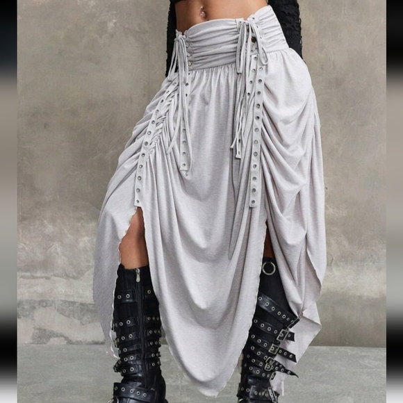 Grunge Punk Apocalyptic Distressed Drawstring Waist Asymmetrical Hem Skirt